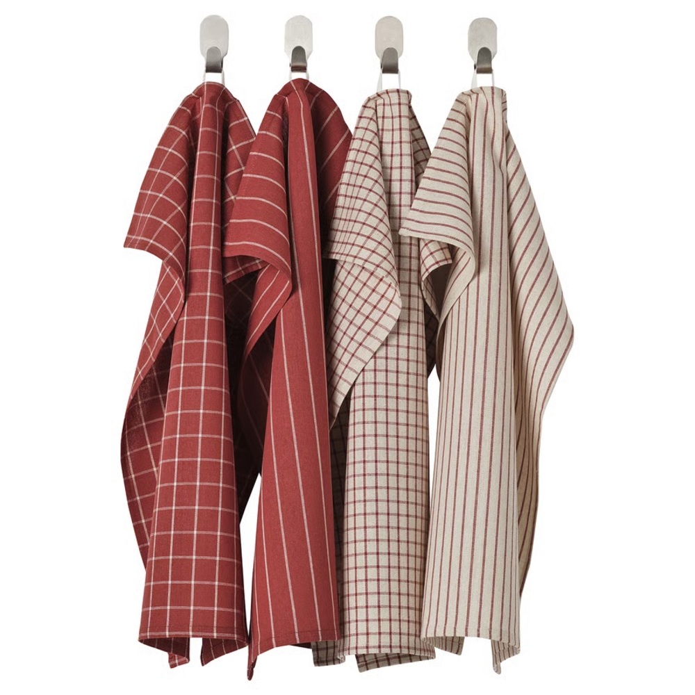 Set of 4 Red and Beige Striped & Checked Kitchen Towels
